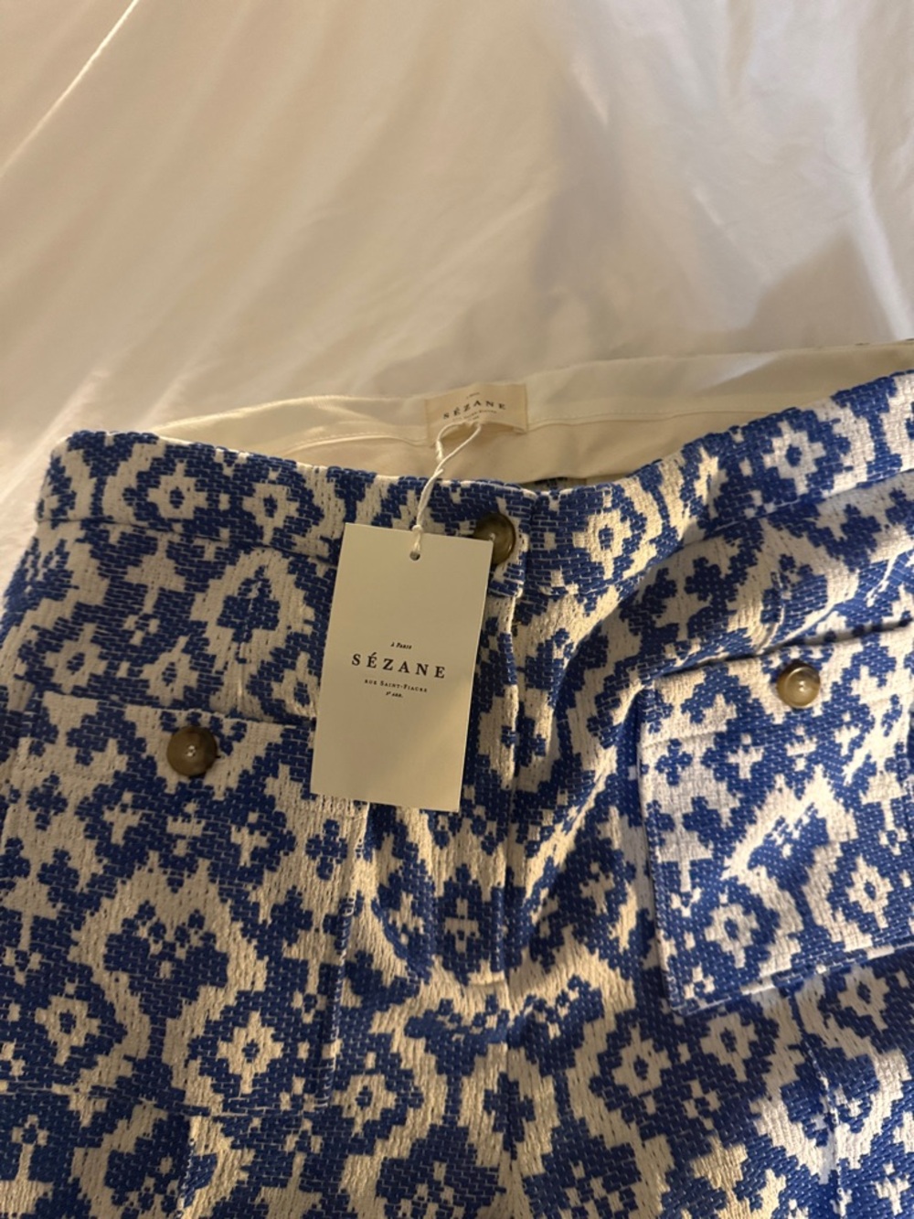 Sezane Emilio Trousers Geo Blue Jacquard - Size 14 - Picture 2 of 3